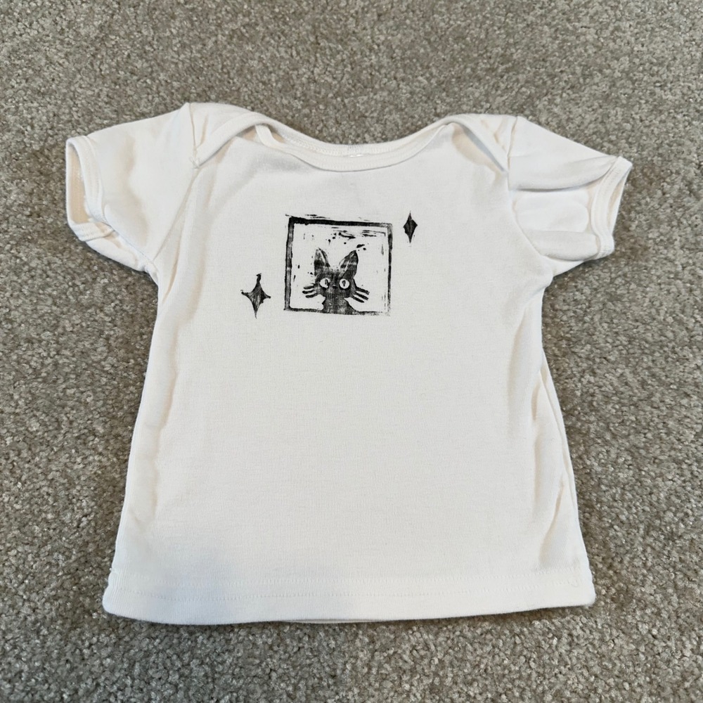 Hand printed linocut Jiji Cat Block Print Tee White 100% Cotton 12-18M USA Made